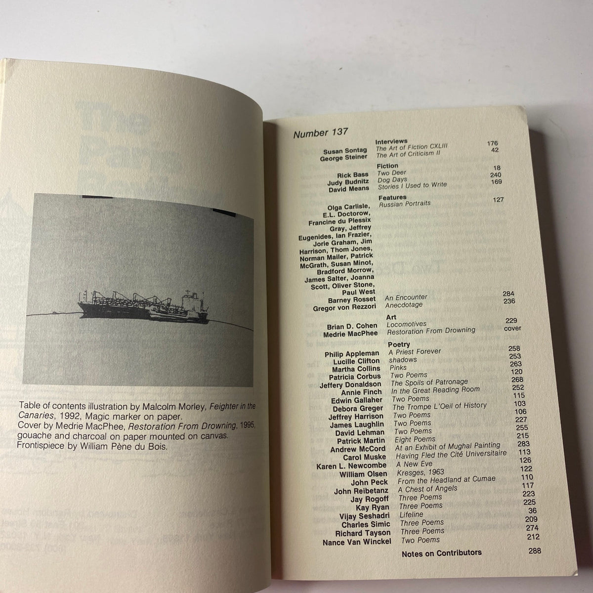 Table of contents page from The Paris Review Magazine Winter 1995 No. 137 with listings of featured articles and contributors.
