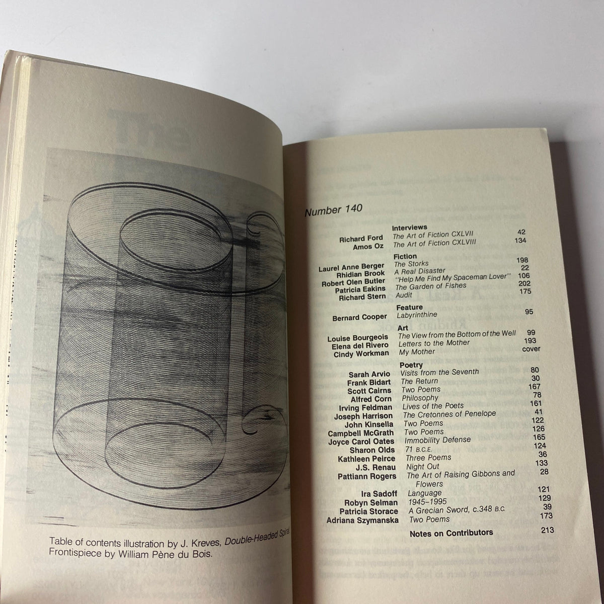 The Paris Review Magazine Fall 1996 No. 140 featuring a table of contents with titles from various authors including 'A Real Disaster' by Rhidian Brook and 'Labyrinthine' by Bernard Cooper.