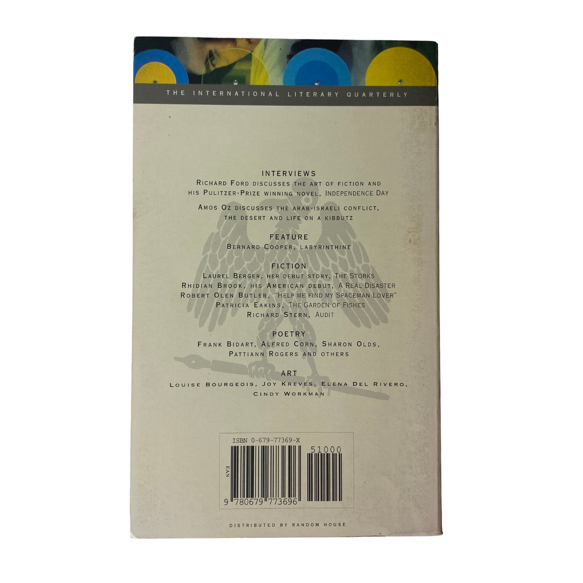 The back cover of The Paris Review Magazine Fall 1996 No. 140, listing featured interviews, fiction, poetry, and art contributions.