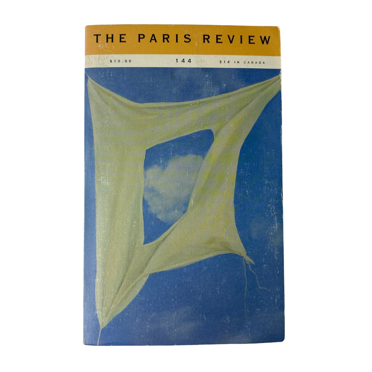 Cover of The Paris Review Magazine, Fall 1997, No. 144 featuring artwork depicting a green piece of fabric against a blue sky. This issue includes contributions from Aldo Buzzi and Elias Canetti and is in very good condition.