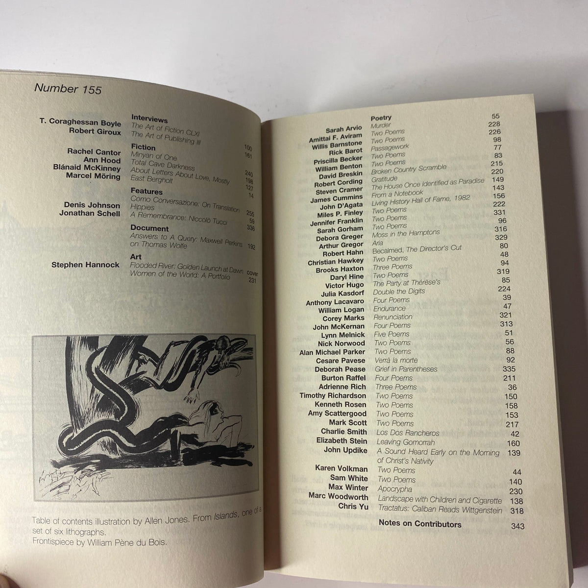 Table of contents of The Paris Review Magazine, Summer 2000, No. 155 listing sections including interviews, fiction, and poetry.