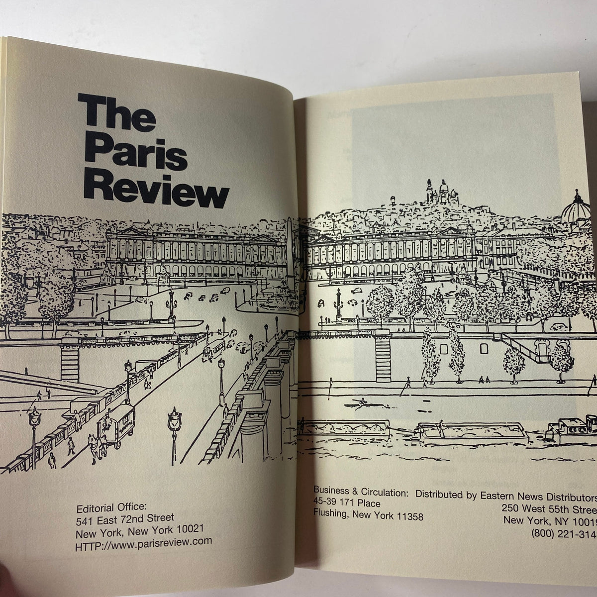 Inside page of The Paris Review Magazine Fall 2000 No. 156 displaying an illustration of a building and editorial office details.