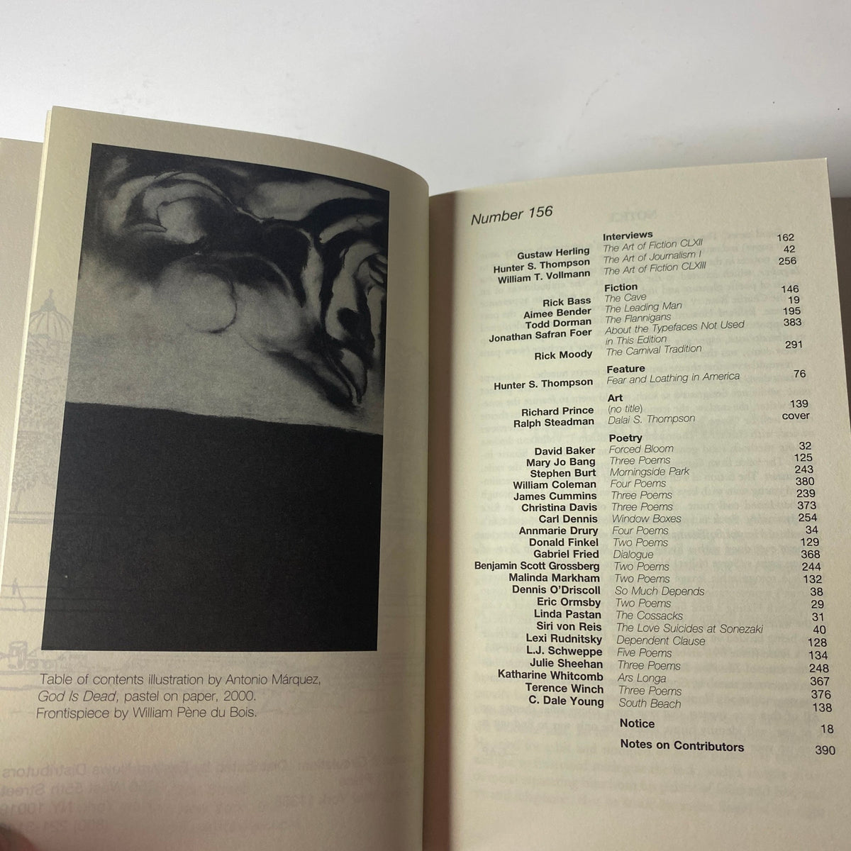 Another inside page of The Paris Review Magazine Fall 2000 No. 156 featuring the table of contents with notable contributors including Hunter S. Thompson.
