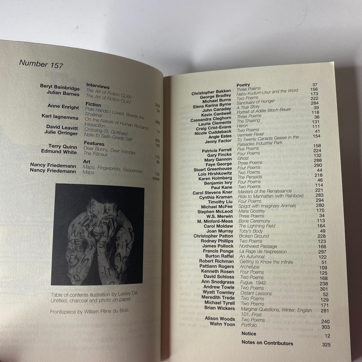 Table of contents page from The Paris Review Magazine Winter 2000-2001 No. 157 listing featured authors and works.