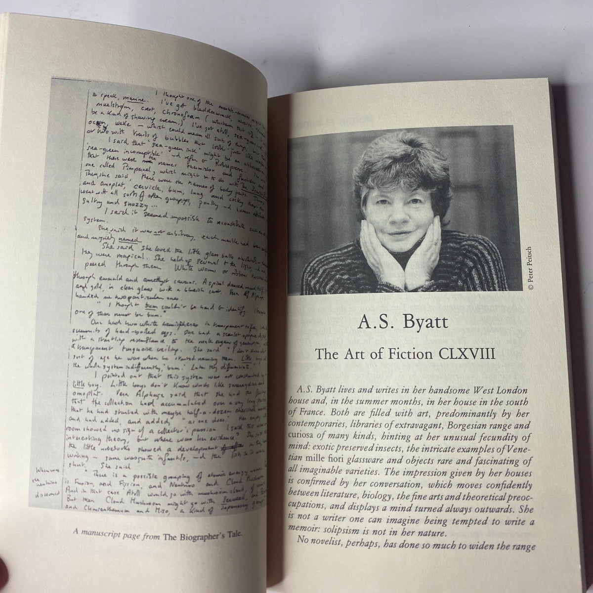 A.S. Byatt, featured in The Paris Review Magazine Fall 2001, Issue No. 159, discussing 'The Art of Fiction CLXVIII' with a handwritten page from her manuscript.