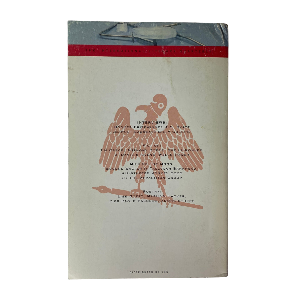 Back cover of The Paris Review Magazine Fall 2001, Issue No. 159, showcasing a design featuring an eagle symbol and listing contributors such as Eugene Walter.