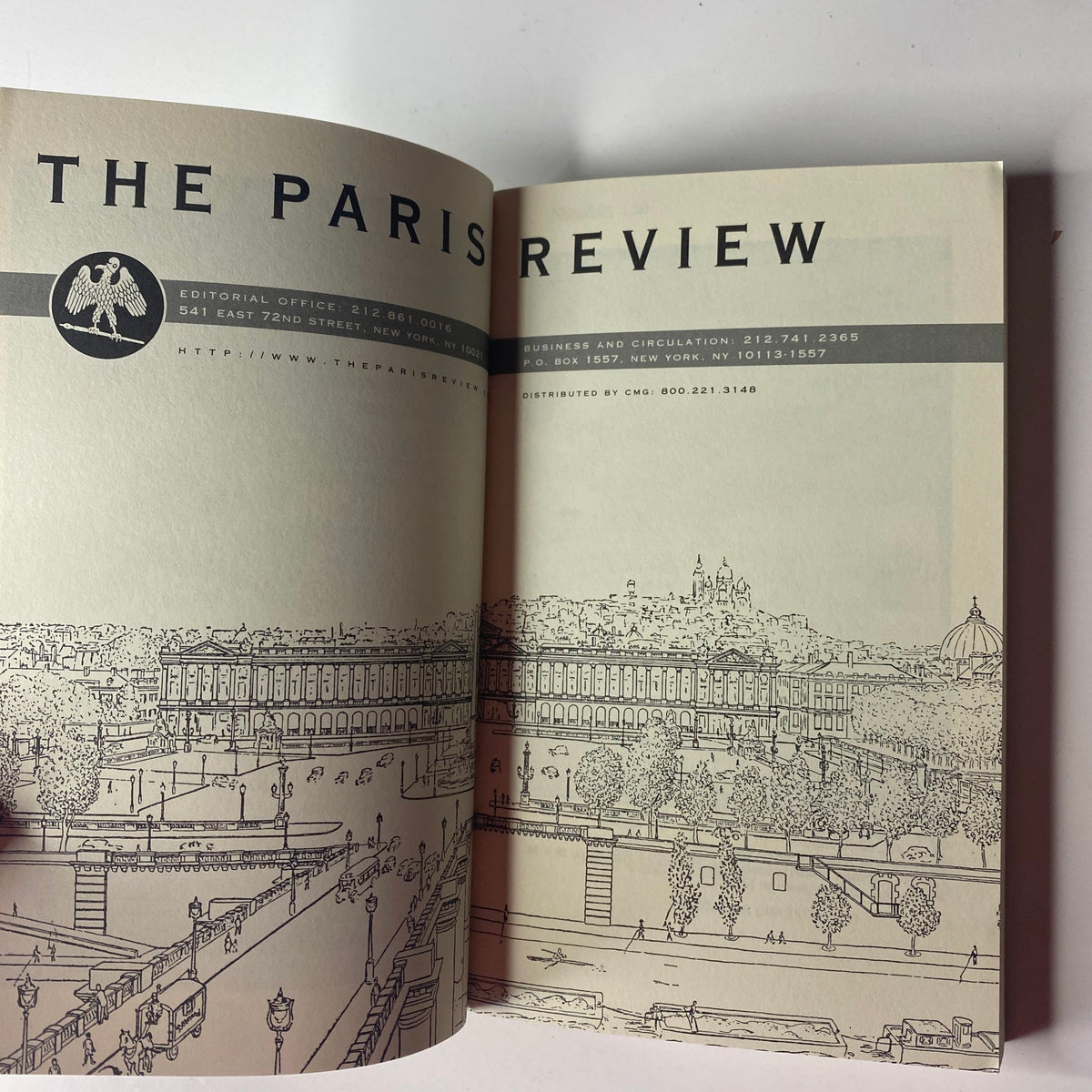 Interior page of The Paris Review Magazine Winter 2001 No. 160 displaying the editorial office details and a sketch of a cityscape.