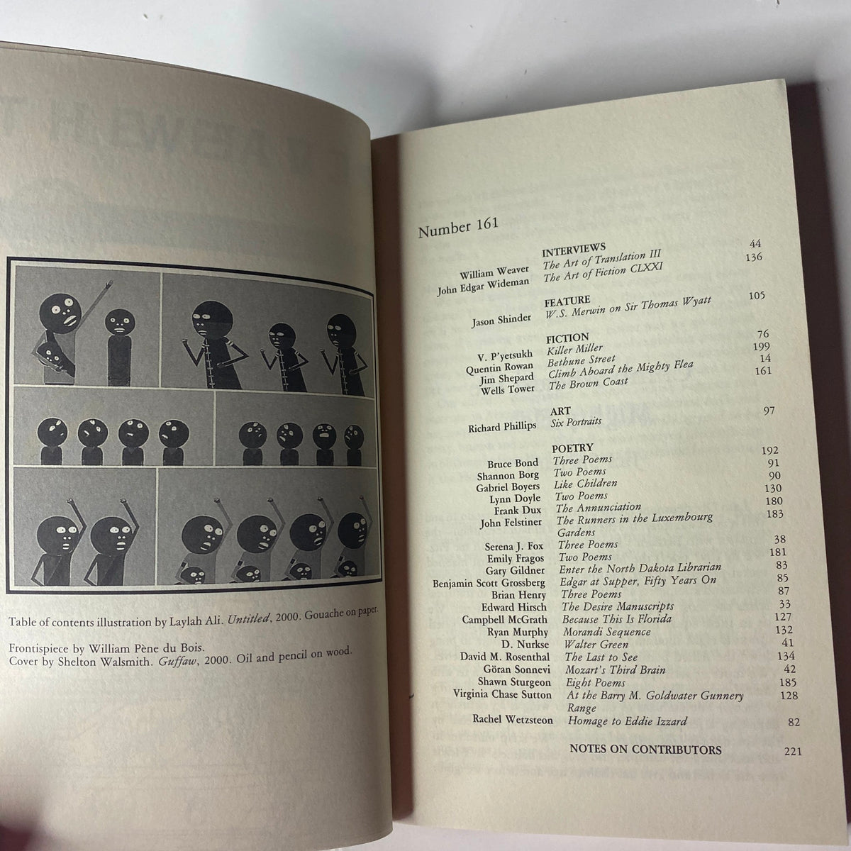 Interior page of The Paris Review Magazine Spring 2002 No. 161 displaying the table of contents with illustrations by Laylah Ali.
