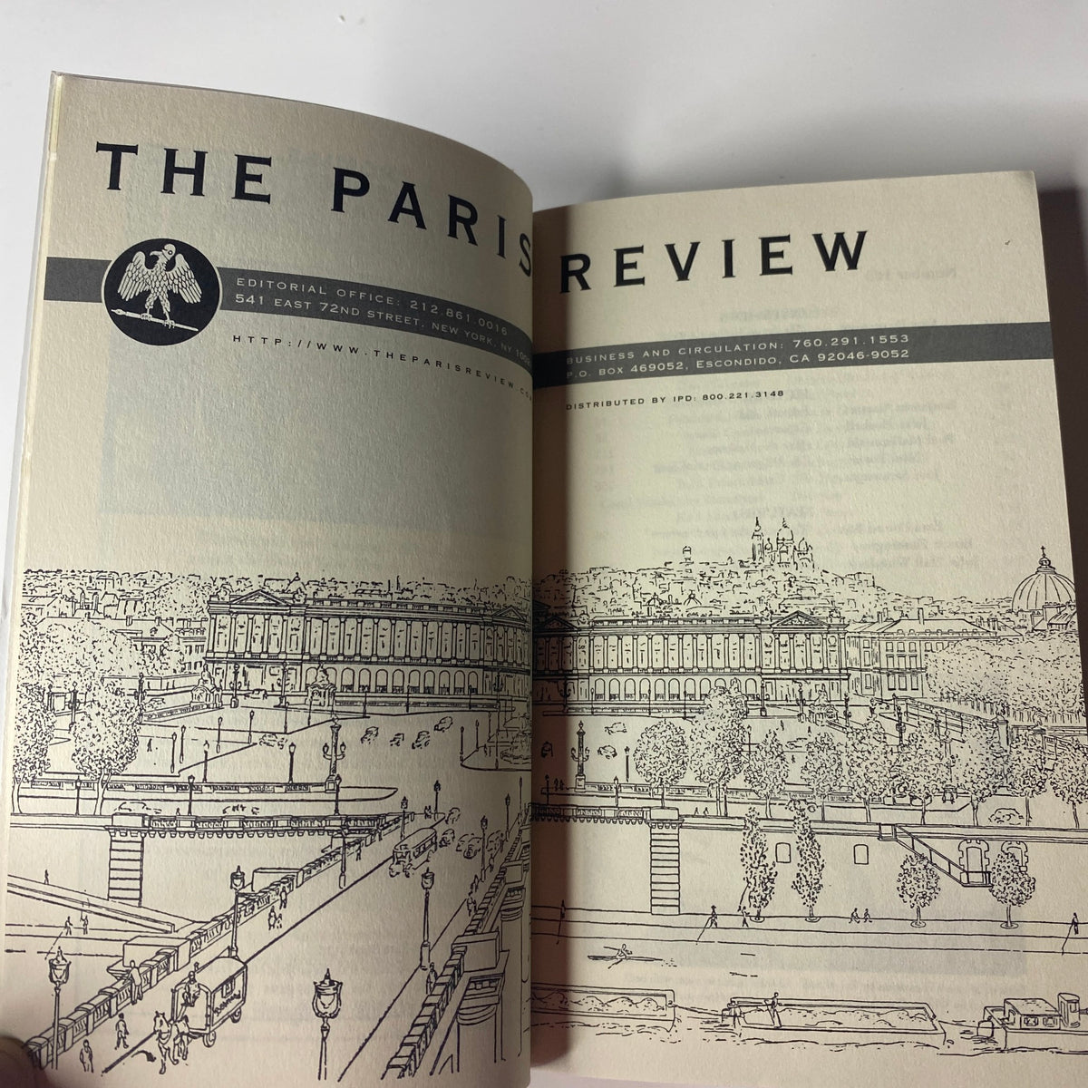 Inside The Paris Review Magazine Fall 2002 No. 163, showcasing the editorial office details and a line drawing of a scenic view, highlighting the magazine's artistic presentation.