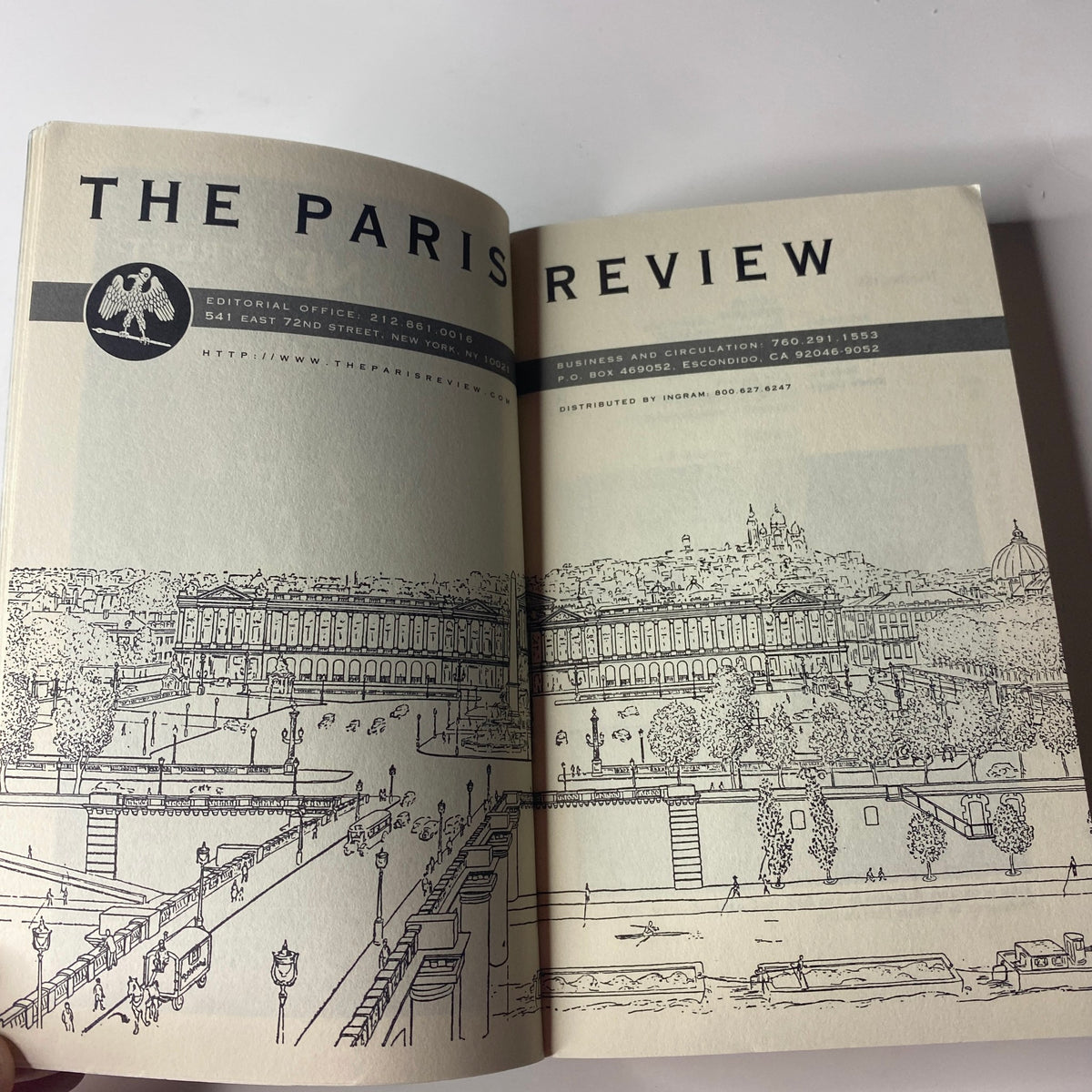 Inside page of The Paris Review Magazine Spring 2003, Issue No. 165, displaying editorial details and an illustration of a historical cityscape. This represents the magazine's commitment to literary excellence.