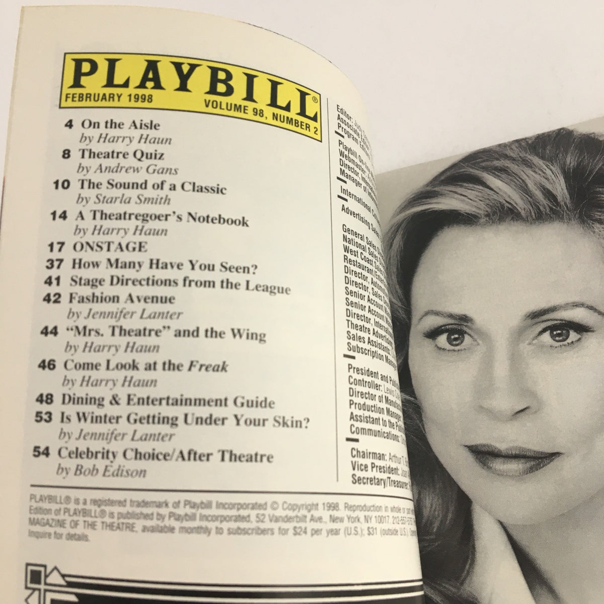 Inside page of the 1998 Playbill from Royale Theatre, featuring listings of performances, including a section about 'ART' starring Alan Alda and Victor Garber.