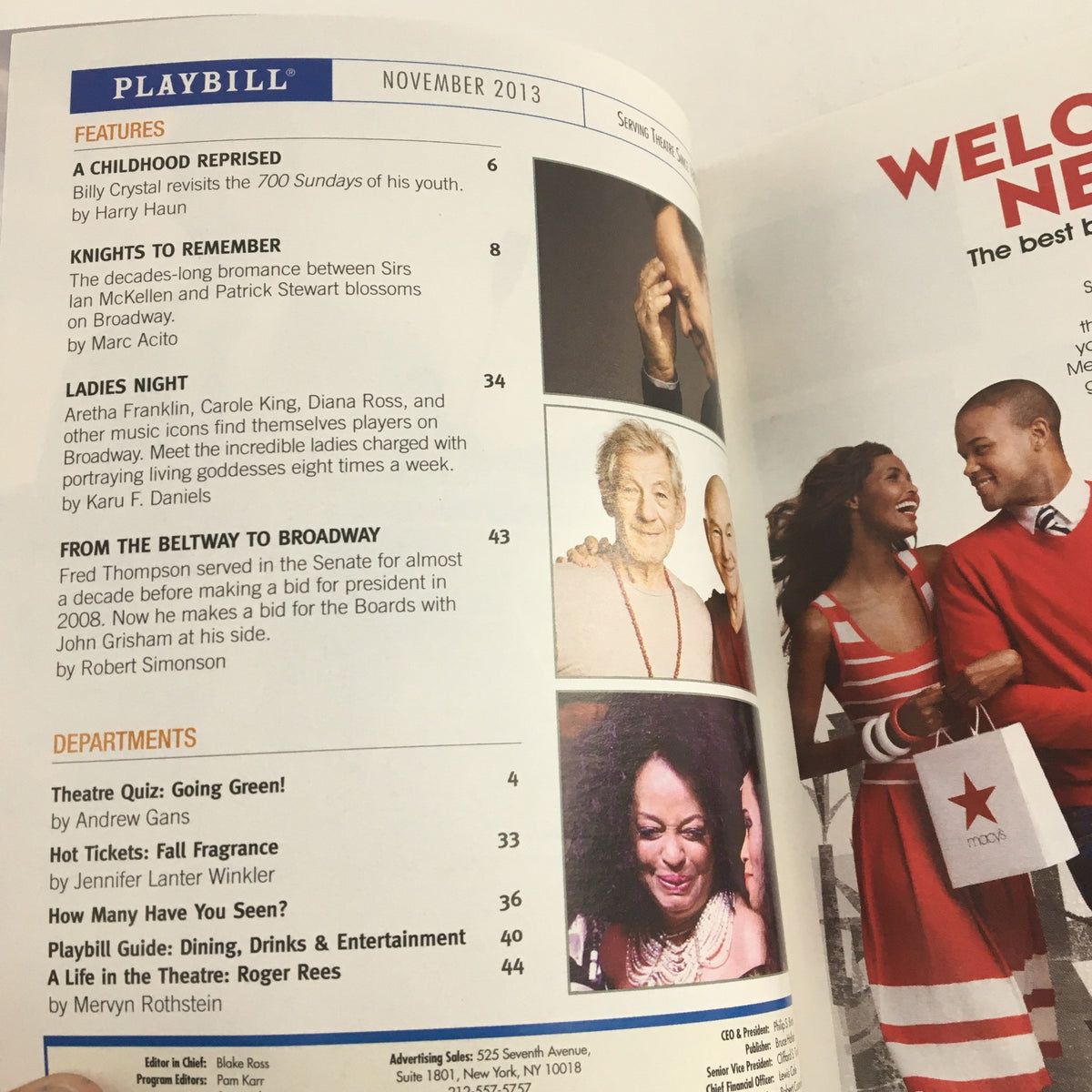 Inside page of the November 2013 Playbill featuring articles and interviews, including 'A Childhood Reprised' by Harry Haun and 'Knights to Remember' by Marc Acito.