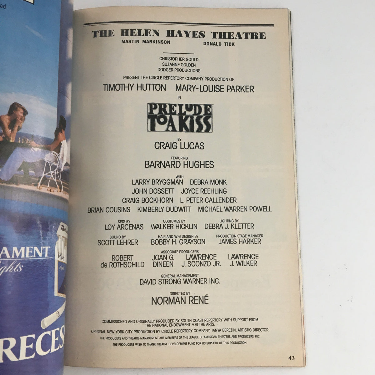 1990 Playbill for Prelude To A Kiss by Craig Lucas at the Helen Hayes Theatre, featuring cast details and production credits.