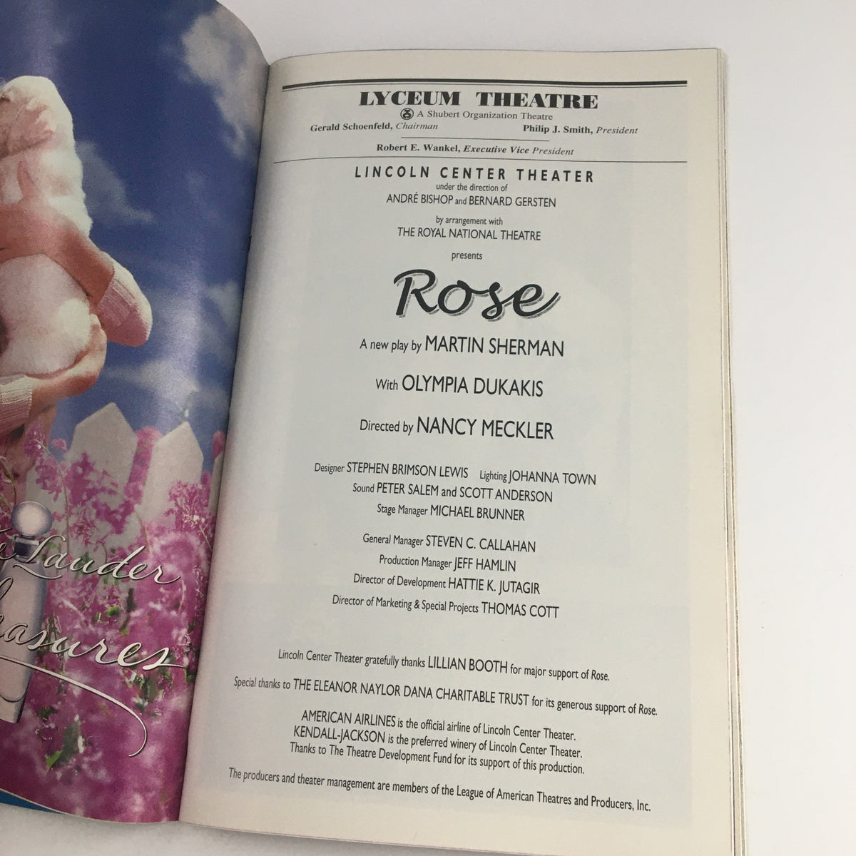 2000 Playbill Lyceum Theatre Present Andre Bishop & Bernard Gersten in Rose detailing the production staff and cast with Martin Sherman as playwright and Nancy Meckler as director.