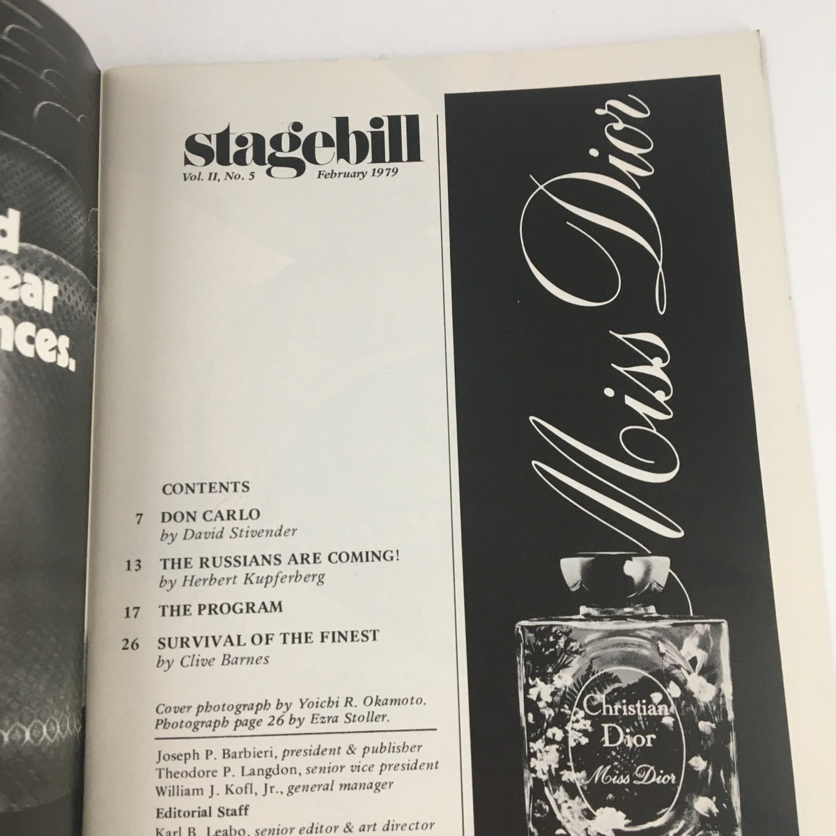 Inside pages of the 1979 Stagebill highlighting the contents including 'The Russians Are Coming' by H. Kupferberg, featuring promotional content for Christian Dior.