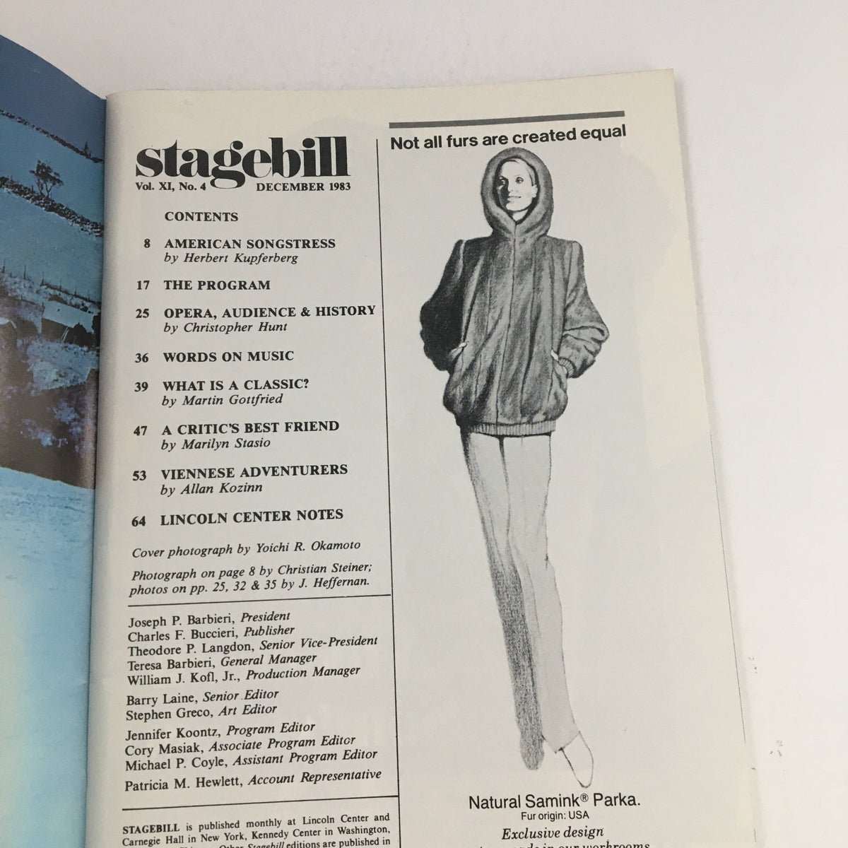 Cover image of the December 1983 Stagebill featuring contents including 'A Critic's Best Friend by Marilyn Stasio'. The design includes a model wearing a hooded parka, contributing to the theme of fashion in theater.