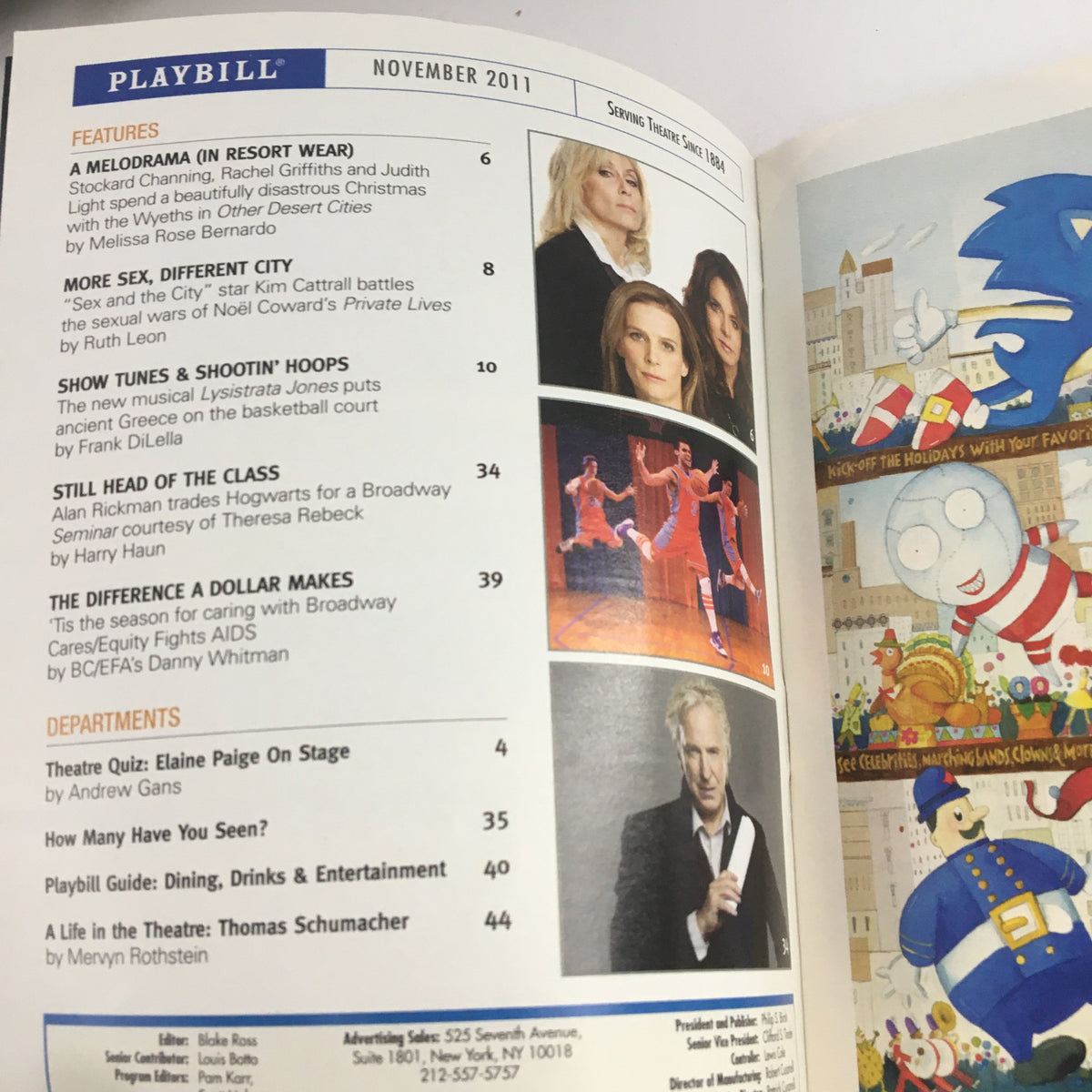Interior page of the 2011 Playbill detailing features including cast and show information, from 'Back On Broadway' with Hugh Jackman.