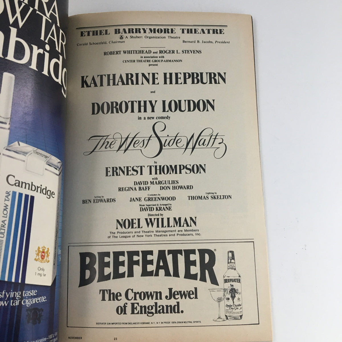 Cover page of the 1981 Playbill featuring Katharine Hepburn and Dorothy Loudon in 'The West Side Waltz' at Ethel Barrymore Theatre.
