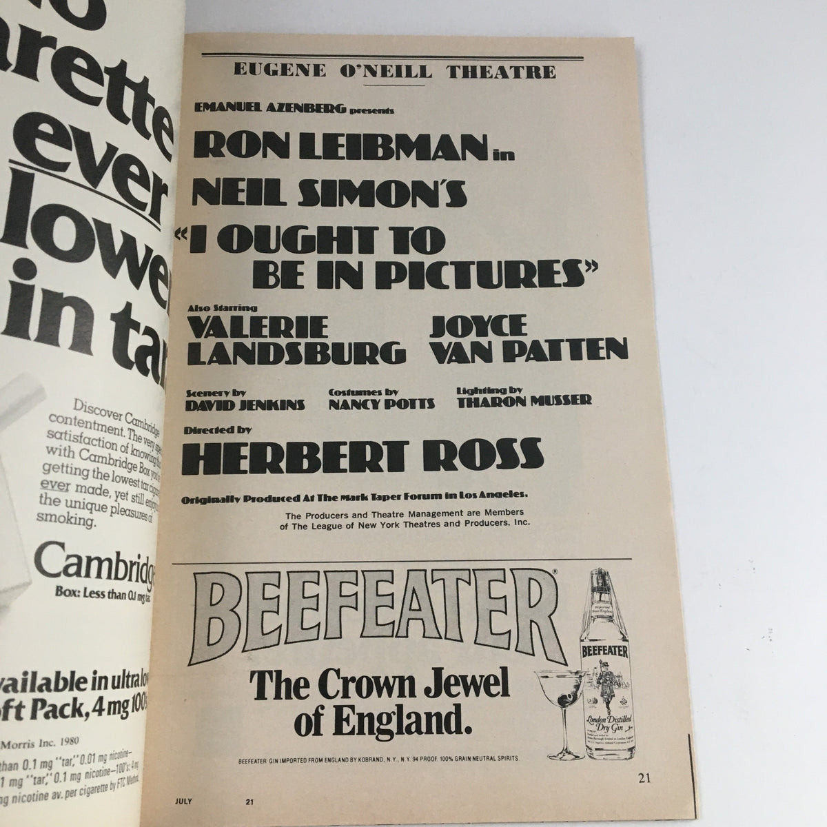 Promotional page from the 1980 Playbill for I Ought To Be In Pictures showcasing Ron Leibman and other cast members.