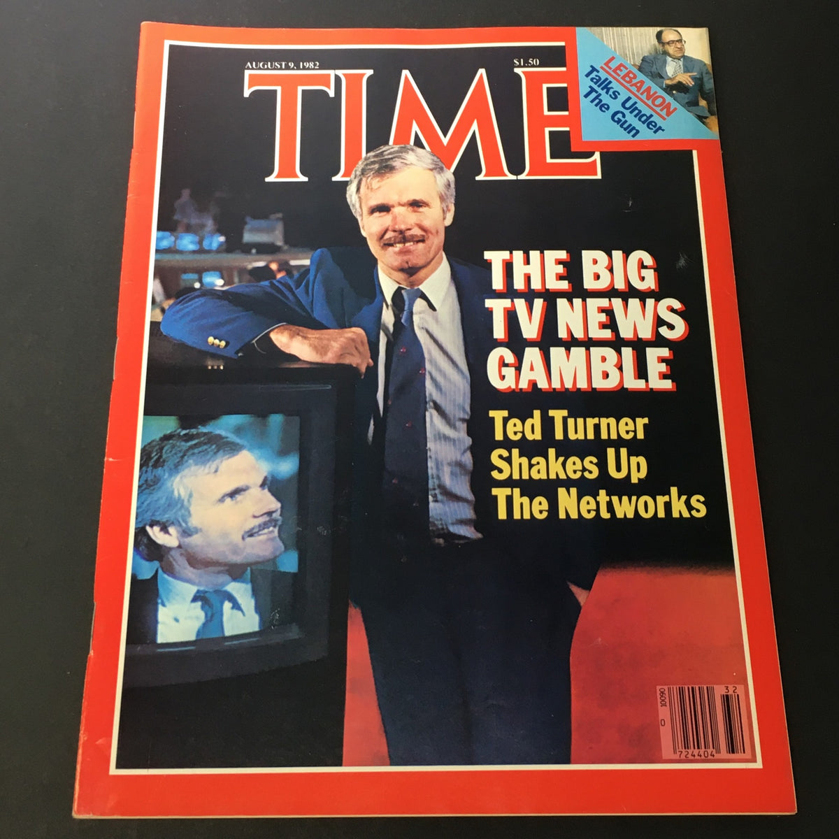 Cover of VTG Time Magazine from August 9, 1982 featuring Ted Turner with the headline 'The Big TV News Gamble: Ted Turner Shakes Up The Networks' and highlighting 'Lebanon Talks Under The Gun'.