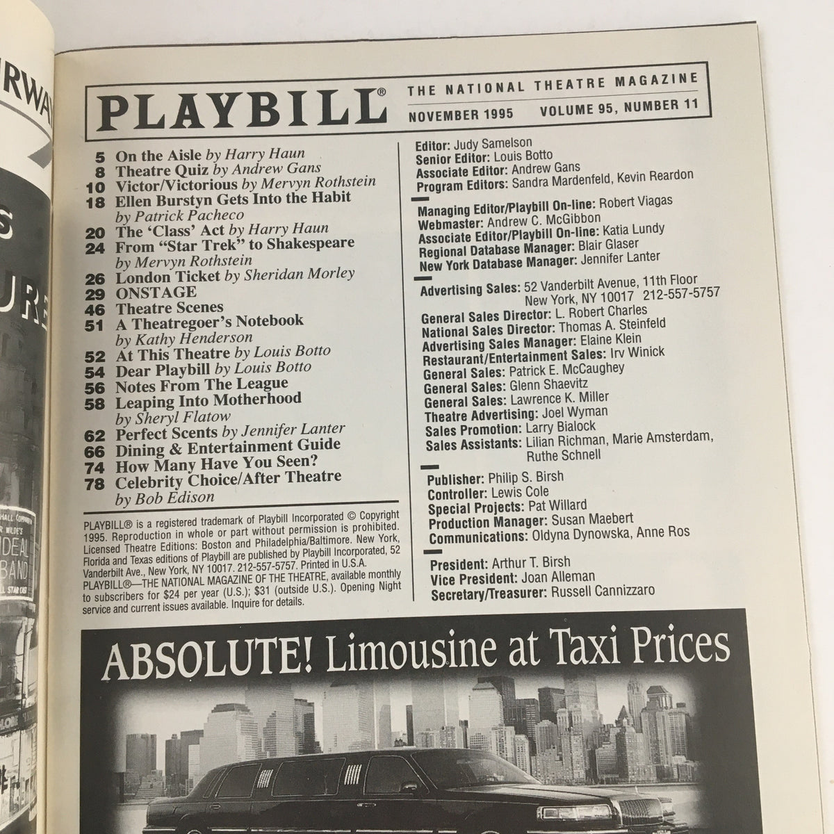 Inside page of the 1995 Playbill for Smokey Joe's Cafe at the Virginia Theatre, featuring the table of contents and articles from November 1995.