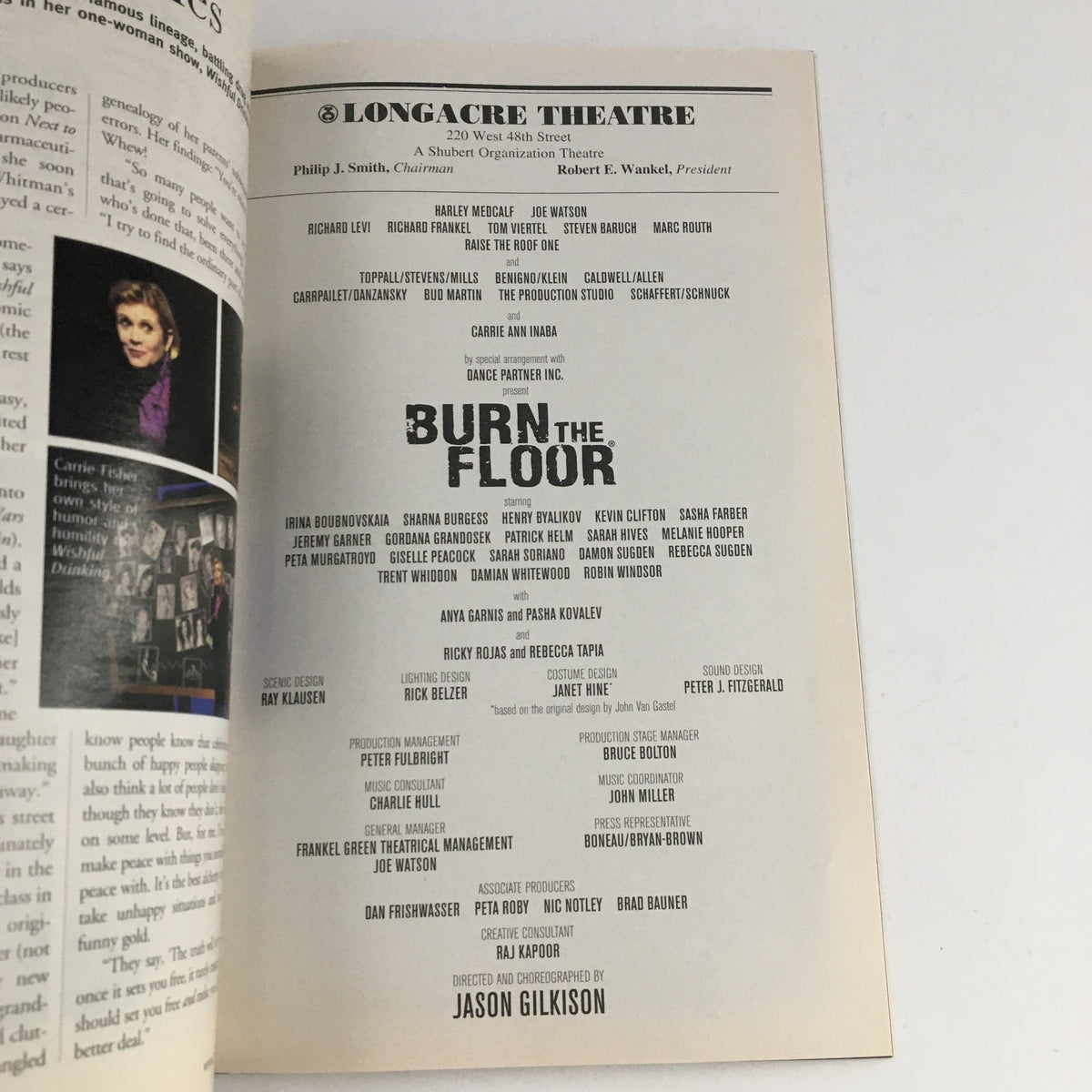Credits page of the 2009 Playbill for Burn The Floor choreographed by Jason Gilkinson at Longacre Theatre.
