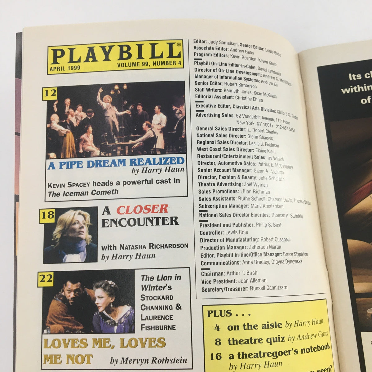 Inside view of the 1999 Playbill for Annie Get Your Gun at Marquis Theatre, featuring various Broadway productions and cast information.