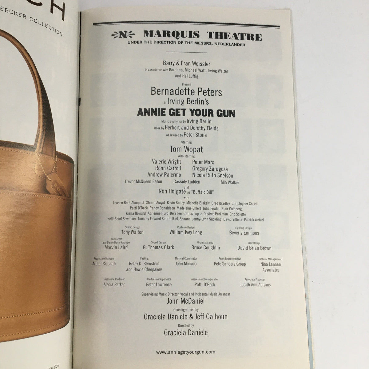 Listing of the cast and production details for Annie Get Your Gun in the 1999 Playbill at Marquis Theatre, showcasing key performers and creative team.