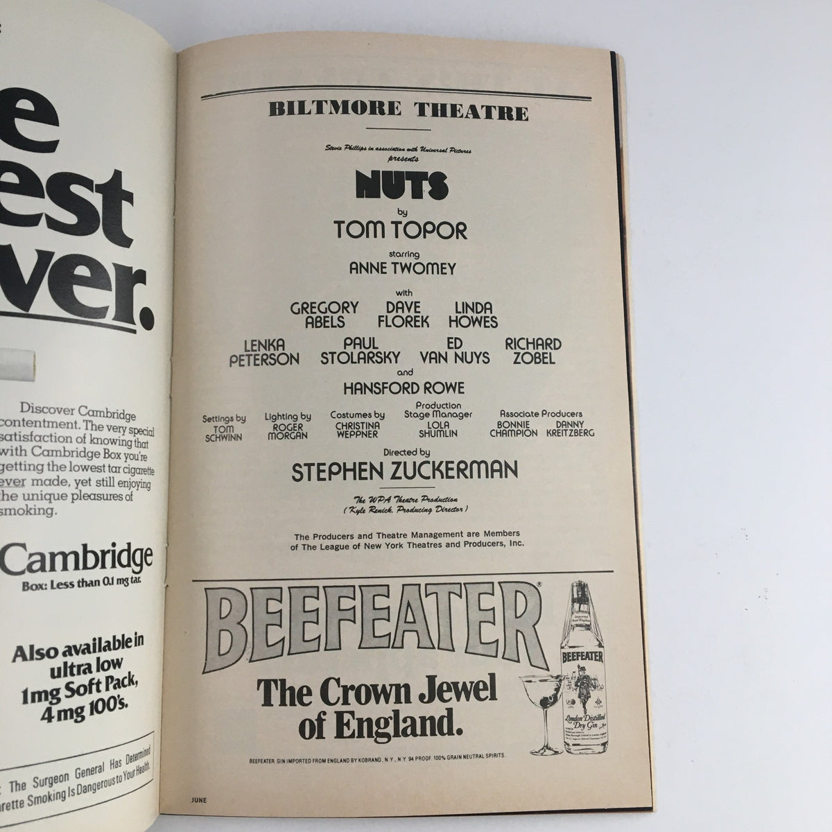 Interior page of the 1980 Playbill for 'Nuts' at the Biltmore Theatre, showcasing the cast list and production details.