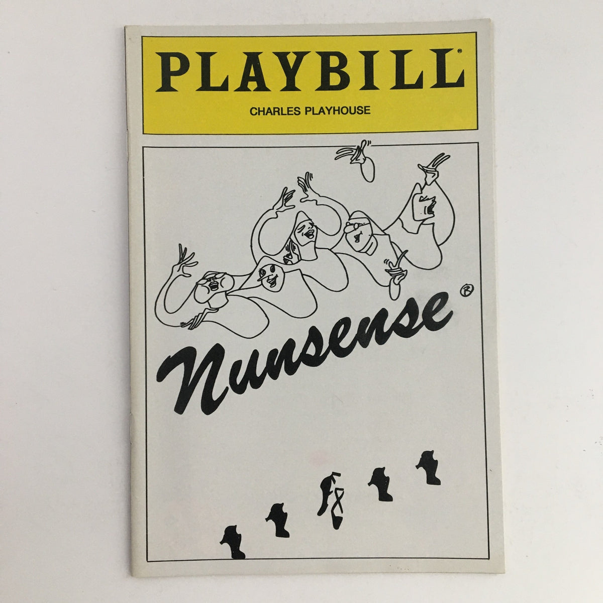 1990 Playbill for Nunsense at Charles Playhouse featuring illustrations of nuns by Dan Goggin and Mickey Easterling.