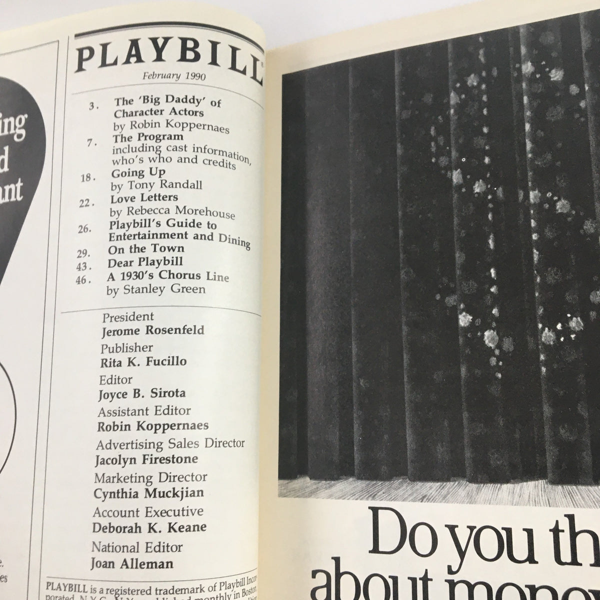 Inside page of the 1990 Playbill for Nunsense at Charles Playhouse displaying the table of contents and credits.