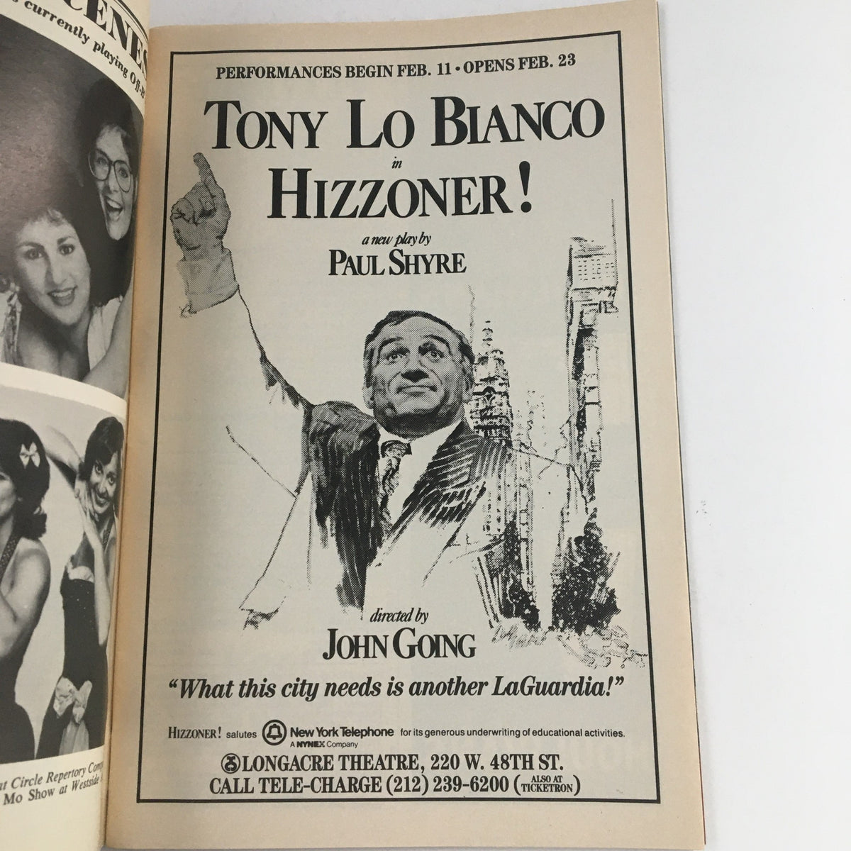 Interior image of 1989 Playbill highlighting Tony Lo Bianco in Hizzoner! with performance details from the Minetta Lane Theater.