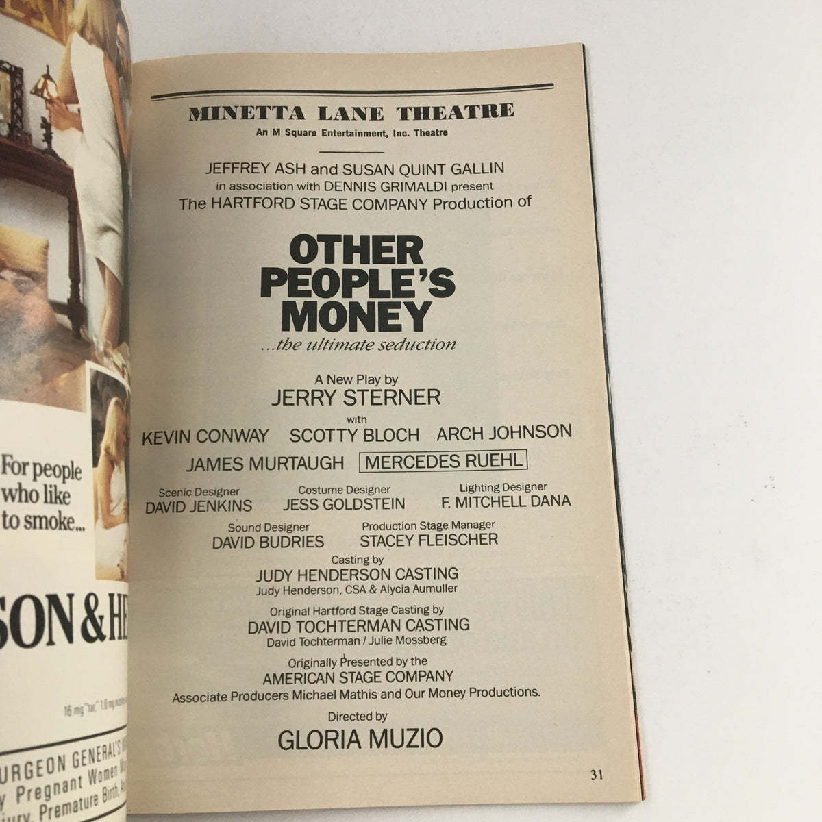 Credits page of the 1989 Playbill for Other People's Money, listing key production team members at Minetta Lane Theatre.