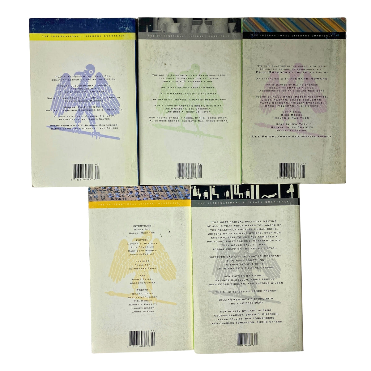 Back covers of Lot of 5 The Paris Review Magazine 2003 - 2004 Winter, Spring, Summer & Fall showcasing designs and descriptions.