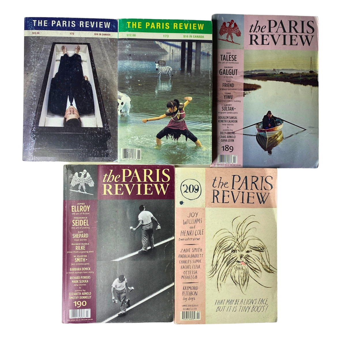Lot of 5 The Paris Review Magazine 2000s issues including Winter 2004 No. 172, Spring 2005 No. 173, Summer 2009 No. 189, Fall 2009 No. 190, and Summer 2014 No. 209, showcasing diverse literary content.
