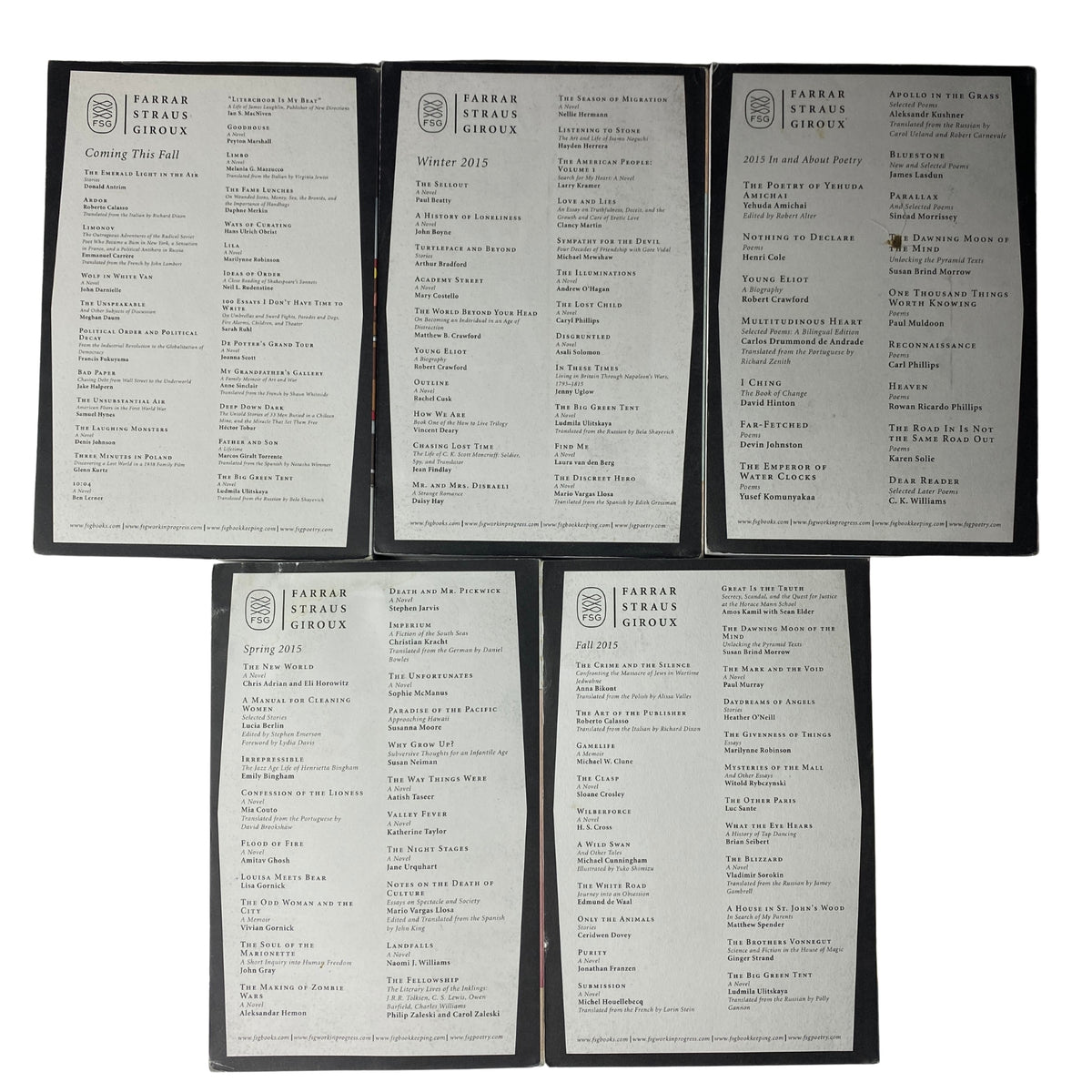 Lot of 5 The Paris Review Magazine 2014-2015 inside pages from Winter 2015 containing contents and article listings for issues 211 to 214.