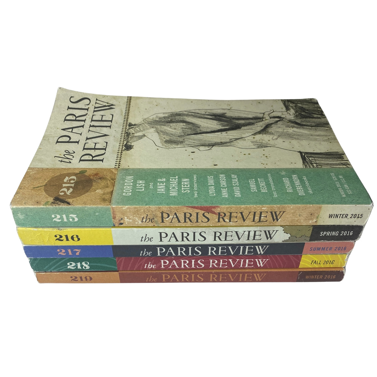 Stacked view of The Paris Review Magazine issues 215 to 219 from 2015-2016, displaying the seasonal editions: Winter, Spring, Summer, and Fall.