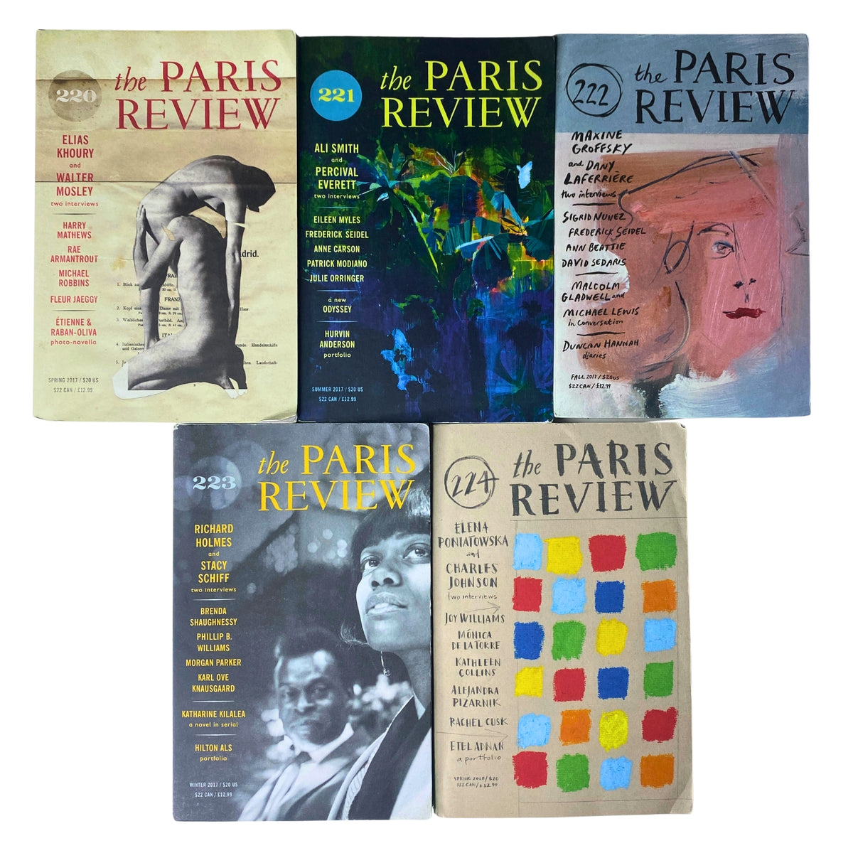 Lot of 5 The Paris Review Magazine 2017-2018 issues showcasing covers from Winter, Spring, Summer, and Fall including No. 220, 221, 222, and 224, featuring various authors and artistic designs.
