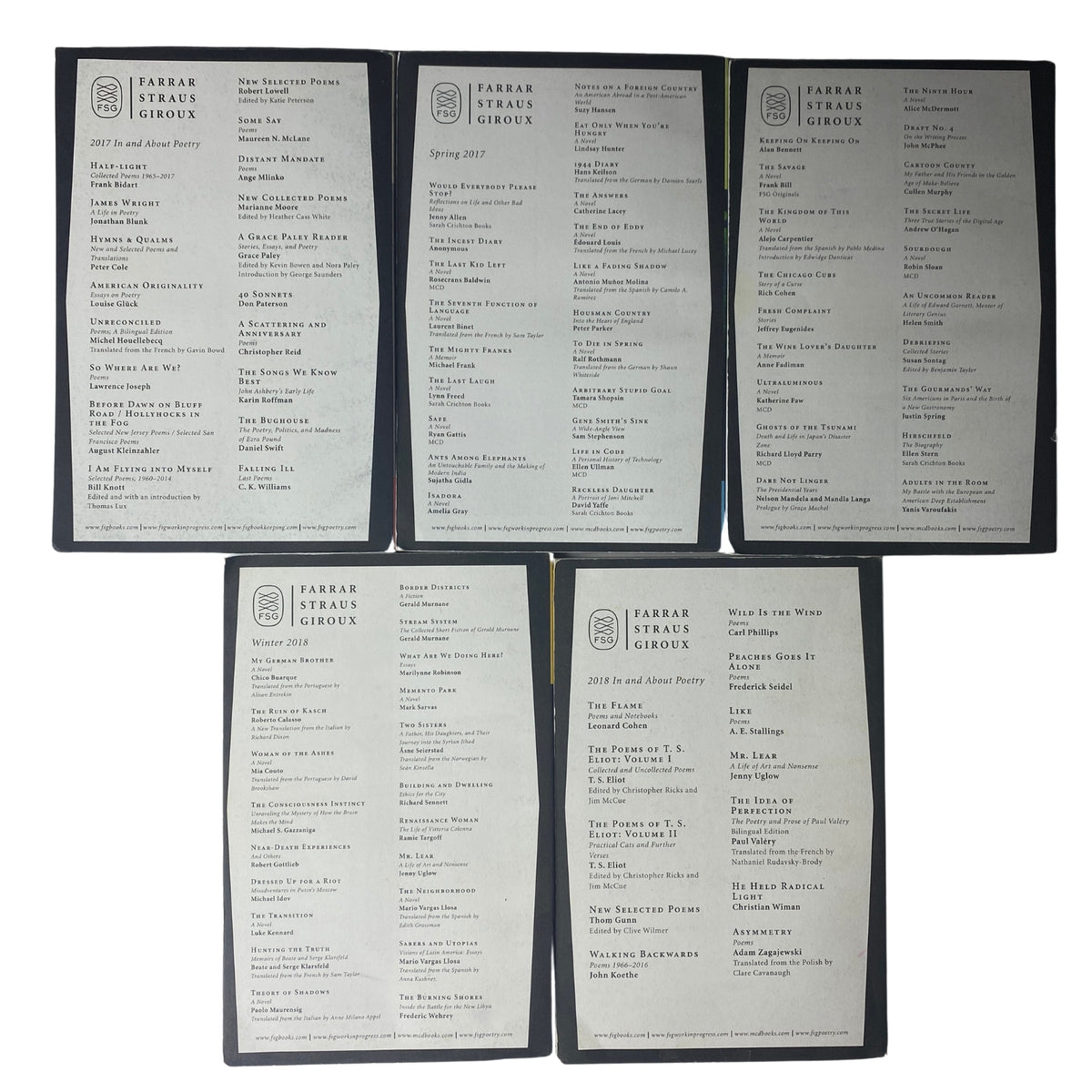 Back cover of Lot of 5 The Paris Review Magazine 2017-2018 showing a list of contributors and contents for Spring 2017, offering insight into featured writings and artists of the era.