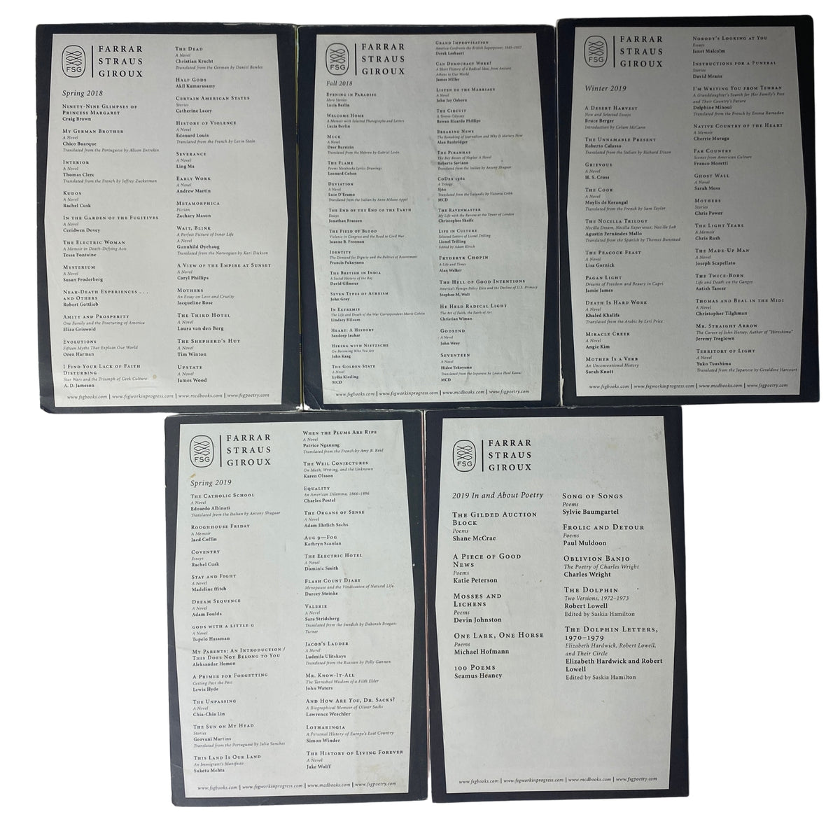 Contents pages of the Lot of 5 The Paris Review Magazine 2018-2019 showing the table of contents for issues 225 to 229.