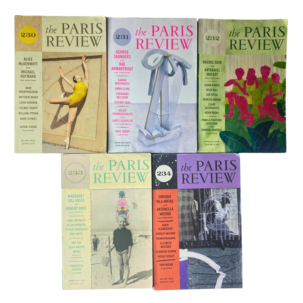Lot of 5 The Paris Review Magazine 2019-2020 featuring issues 230 to 234, showcasing covers from Winter, Spring, Summer, and Fall, highlighting notable authors and literary content.