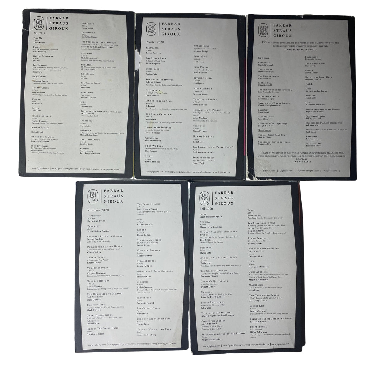 Lot of 5 The Paris Review Magazine 2019-2020, covers and table of contents from five issues including Fall 2019 to Fall 2020, displaying literary content and articles.