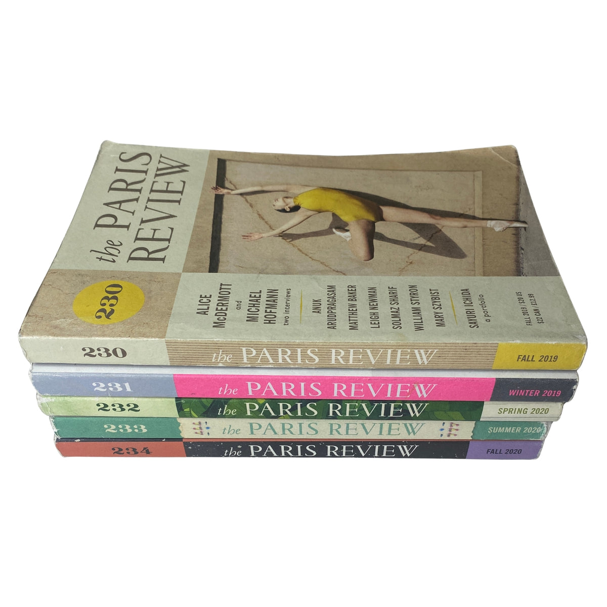Collection of The Paris Review Magazines from 2019-2020, showing the covers of Fall 2019, Winter 2019, Spring 2020, Summer 2020, and Fall 2020, included in the Lot of 5 The Paris Review Magazine.
