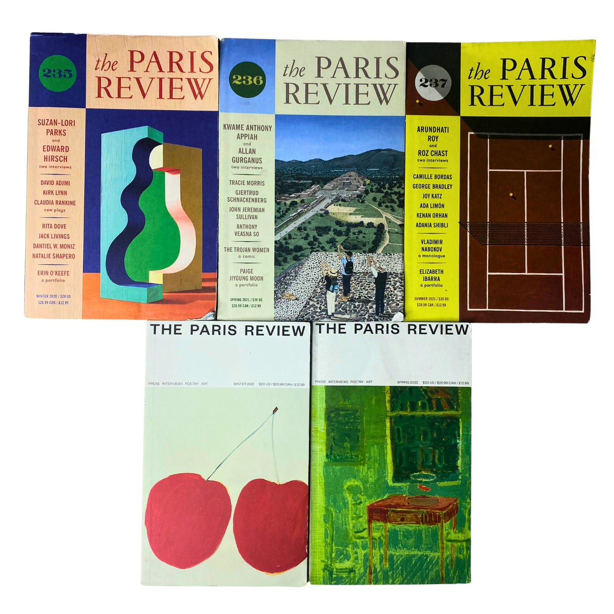 Lot of 5 The Paris Review Magazine 2021-2022, including Winter 2021 No. 235, Spring 2021 No. 236, Summer and Fall 2021 No. 237, Winter 2022 No. 238, and Spring 2022 No. 239, showcasing cover designs and artistic illustrations.