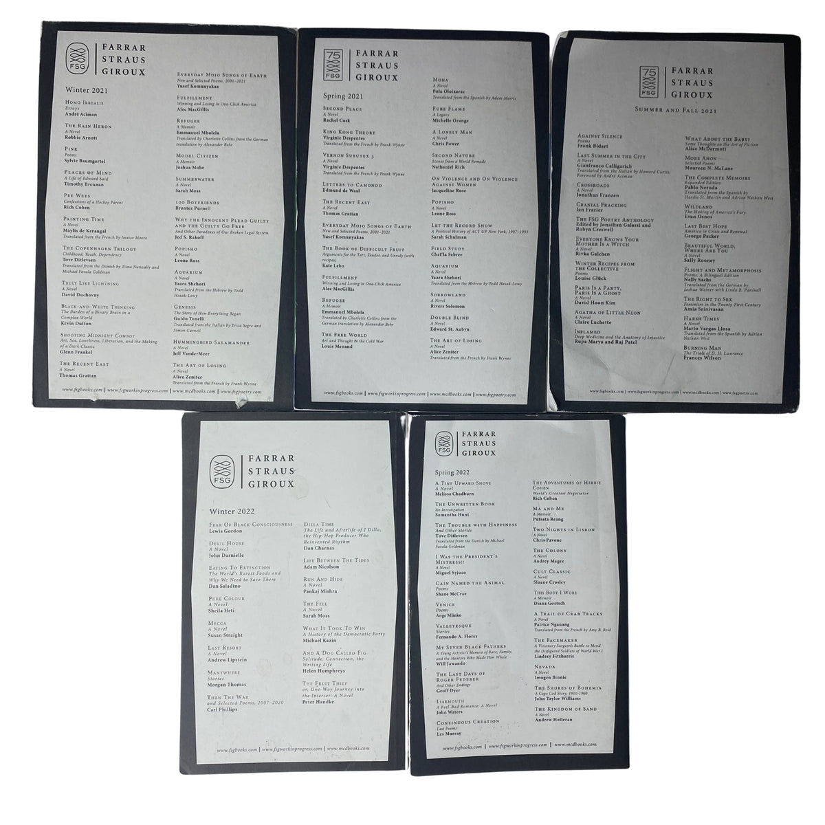 Contents pages from the Lot of 5 The Paris Review Magazine 2021-2022, featuring issue listings for Winter 2021, Spring 2021, Summer and Fall 2021, Winter 2022, and Spring 2022, highlighting featured authors and contributions.