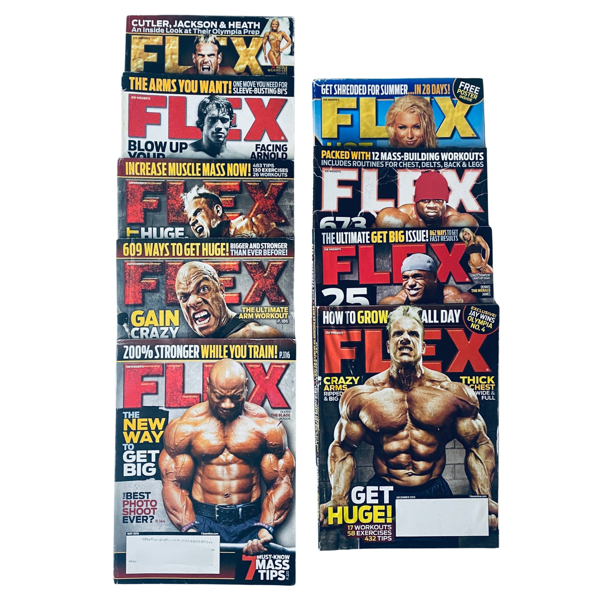 Lot of 9 Flex Magazine 2010 January to June, October to November, showcasing various covers featuring professional bodybuilders and fitness content.