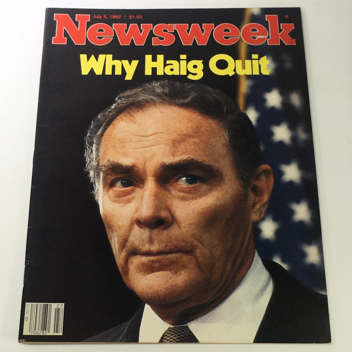 Cover of the vintage Newsweek magazine from July 5, 1982, featuring the title 'Why Haig Quit' with a close-up portrait of Alexander Haig against a background of American flags.