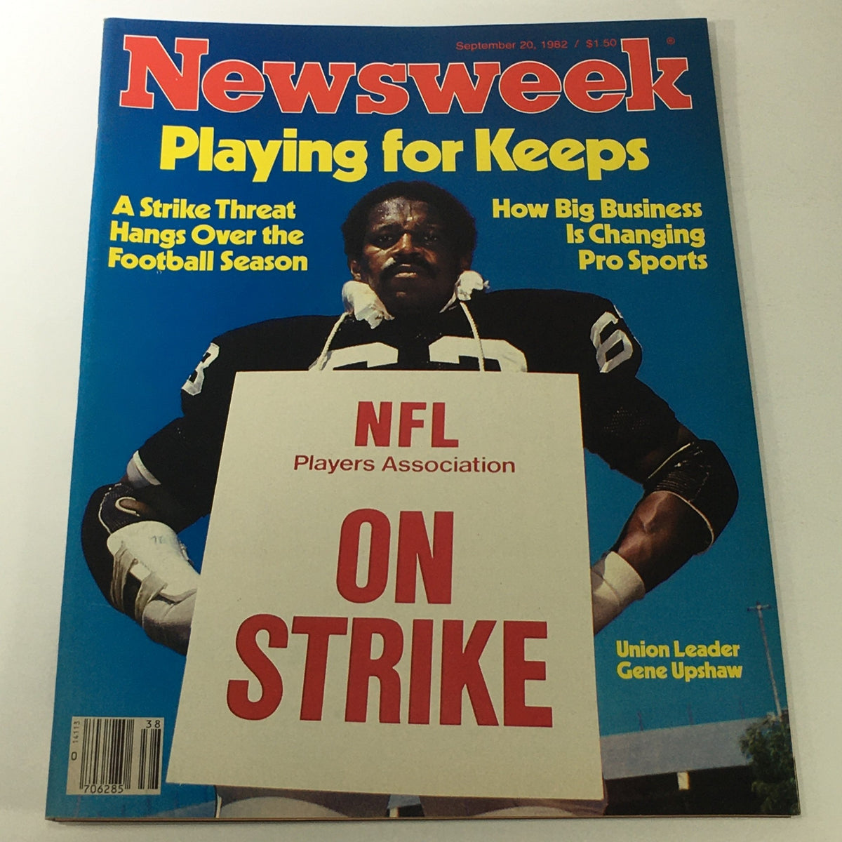 Cover of VTG Newsweek Magazine dated September 20, 1982, featuring NFL Players Association leader Gene Upshaw holding a sign stating 'NFL ON STRIKE', highlighting the labor movement in professional football.