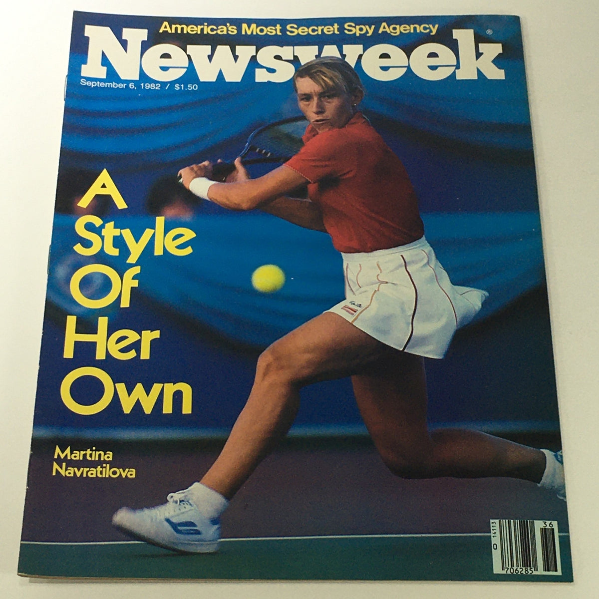 VTG Newsweek Magazine September 6 1982 featuring Martina Navratilova on the cover, highlighting her dynamic tennis pose. This vintage magazine also includes stories about secret spy agents, making it a unique collectible for enthusiasts.