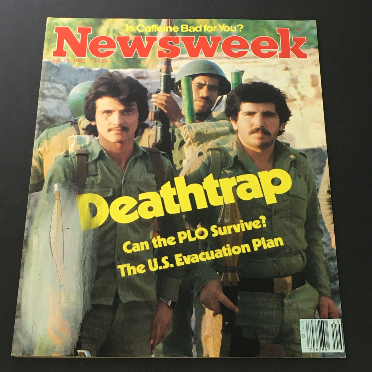 VTG Newsweek Magazine July 19 1982 featuring the cover story 'Deathtrap: Can the PLO Survive? The U.S. Evacuation Plan' with military personnel depicted in green uniforms.
